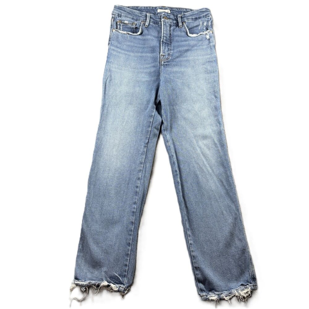 Good American Good Curve Straight Jeans Frayed Hem Medium Wash Ankle 6/28 M148
